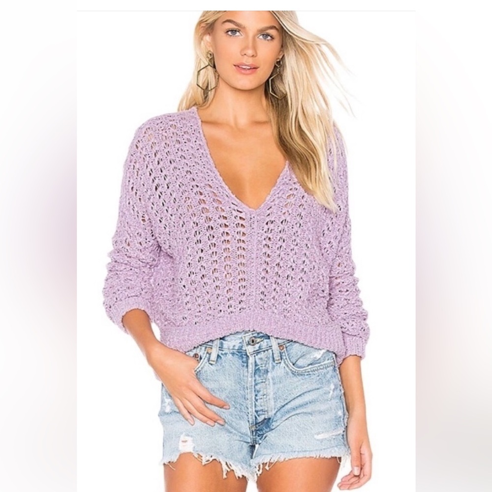 Free People Best Of You Sweater Sz Large purple moon vintage feel crochet GUC